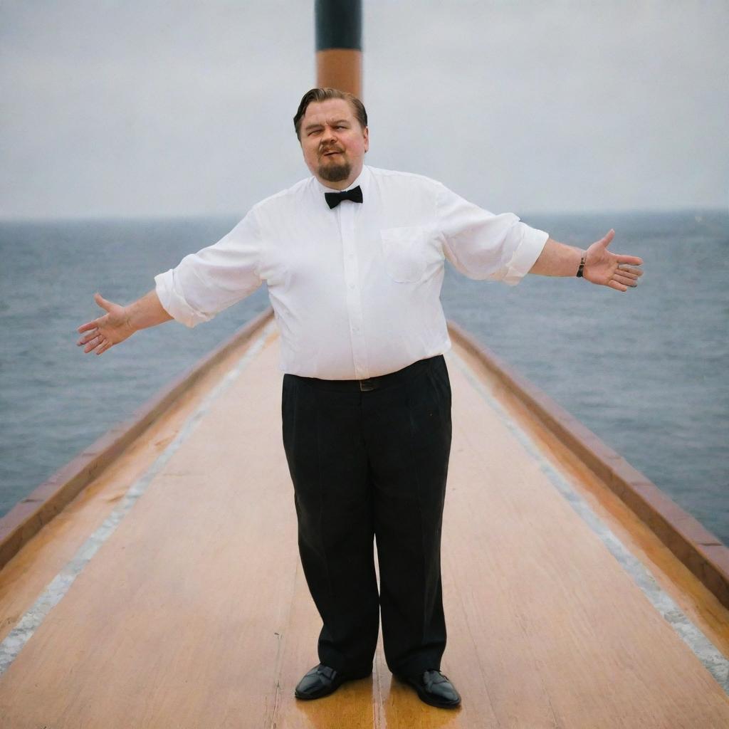 A jovial, overweight man reenacting Leonardo DiCaprio's famous bow scene from the Titanic movie, standing confidently on the bow of the Titanic ship.