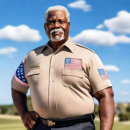 A muscular retired security guard proudly holding the United States flag