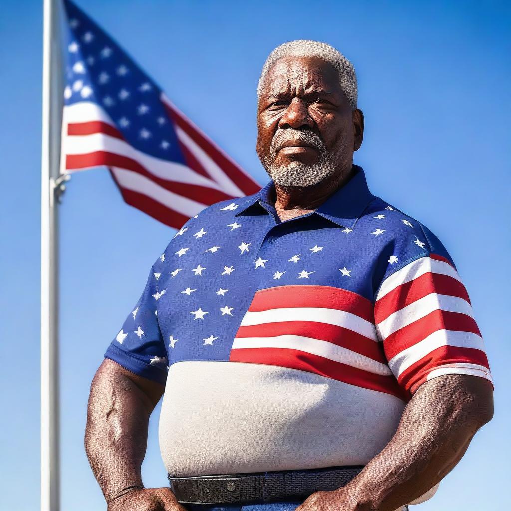 A muscular retired security guard proudly holding the United States flag