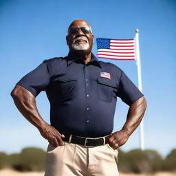 A muscular retired security guard proudly holding the United States flag