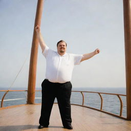 A jovial, overweight man reenacting Leonardo DiCaprio's famous bow scene from the Titanic movie, standing confidently on the bow of the Titanic ship.