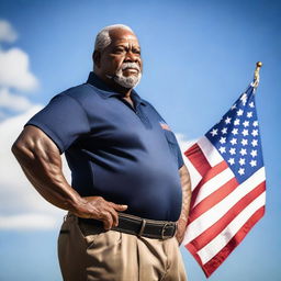 A muscular retired security guard proudly holding the United States flag