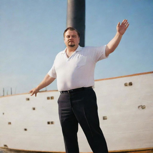 A jolly overweight man mirroring Leonardo DiCaprio's iconic pose on the bow of the Titanic ship, reminiscent of the scene from the Titanic movie.