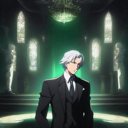 A dark, ominous room with a throne emitting an eerie emerald glow