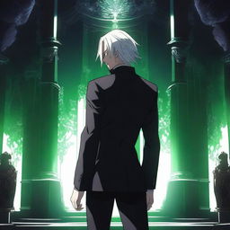 A dark, ominous room with a throne emitting an eerie emerald glow