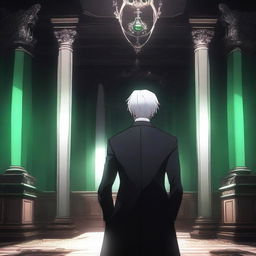 A dark, ominous room with a throne emitting an eerie emerald glow