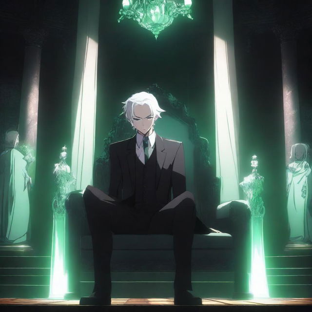 A dark, ominous room with a throne emitting an eerie emerald glow