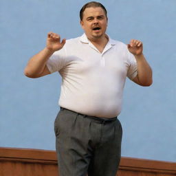 A jolly overweight man mirroring Leonardo DiCaprio's iconic pose on the bow of the Titanic ship, reminiscent of the scene from the Titanic movie.