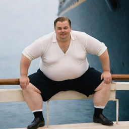 A jolly overweight man mirroring Leonardo DiCaprio's iconic pose on the bow of the Titanic ship, reminiscent of the scene from the Titanic movie.