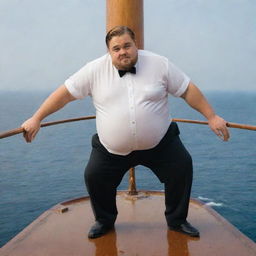 A jolly overweight man mirroring Leonardo DiCaprio's iconic pose on the bow of the Titanic ship, reminiscent of the scene from the Titanic movie.