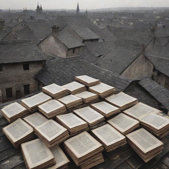 An old village rooftop densely layered with a hundred open books, their pages rhythmically flipping in the wind.