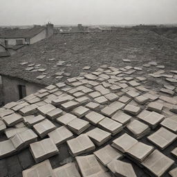 An old village rooftop densely layered with a hundred open books, their pages rhythmically flipping in the wind.