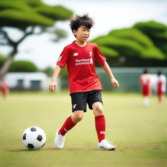 A young Japanese boy playing soccer on a field, wearing a Liverpool FC soccer kit