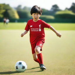 A young Japanese boy playing soccer on a field, wearing a Liverpool FC soccer kit