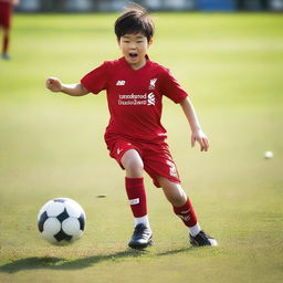 A young Japanese boy playing soccer on a field, wearing a Liverpool FC soccer kit