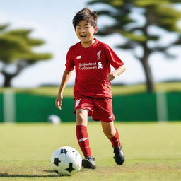 A young Japanese boy playing soccer on a field, wearing a Liverpool FC soccer kit