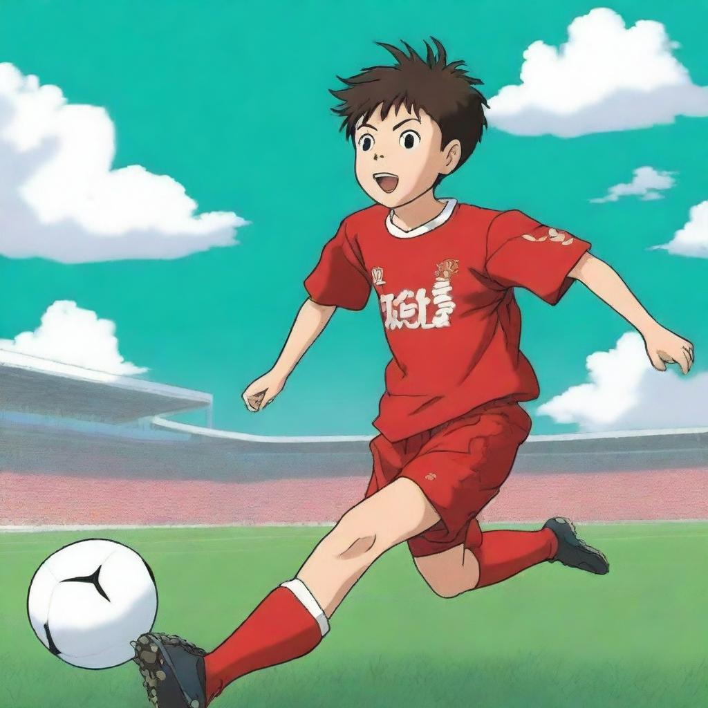 An anime-style illustration of a young Japanese boy playing soccer on a field, wearing a Liverpool FC soccer kit