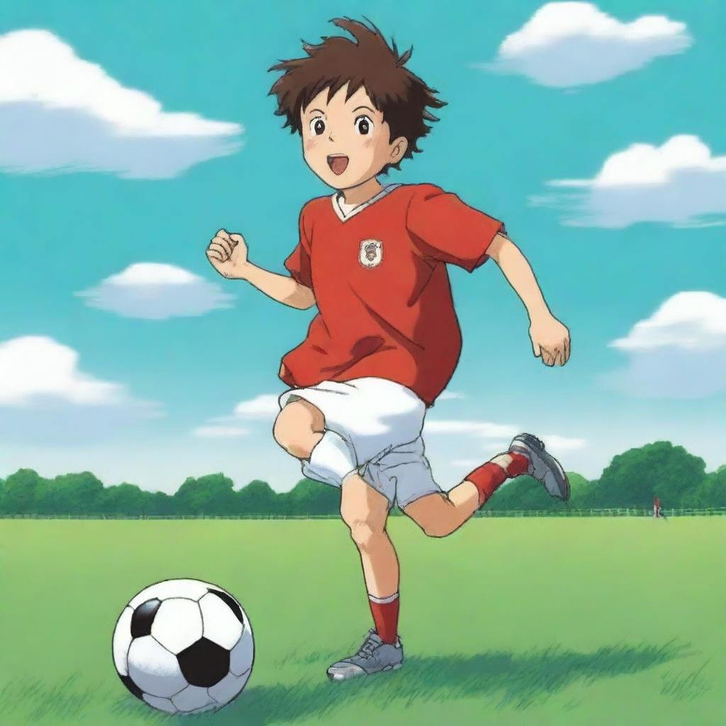 An anime-style illustration of a young Japanese boy playing soccer on a field, wearing a Liverpool FC soccer kit