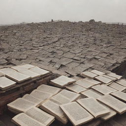 An old village rooftop densely layered with a hundred open books, their pages rhythmically flipping in the wind.