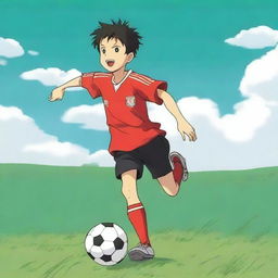 An anime-style illustration of a young Japanese boy playing soccer on a field, wearing a Liverpool FC soccer kit