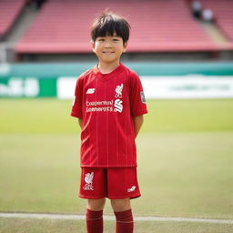 A young Japanese boy wearing a Liverpool FC soccer kit