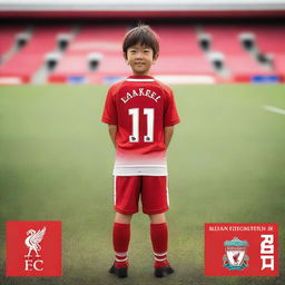 A young Japanese boy wearing a Liverpool FC soccer kit