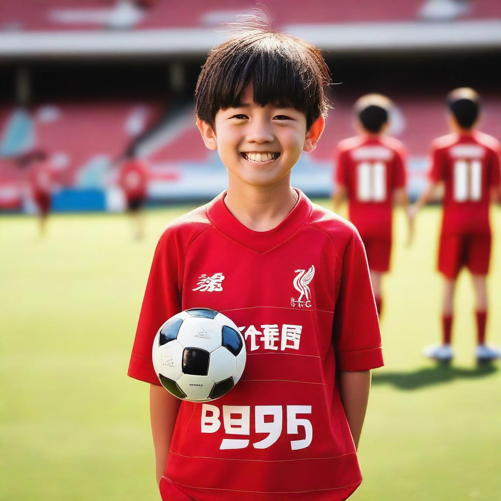 A young Japanese boy wearing a Liverpool FC soccer kit