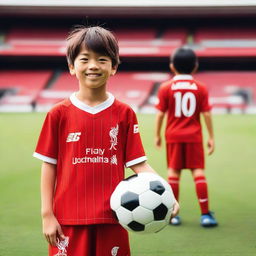 A young Japanese boy wearing a Liverpool FC soccer kit