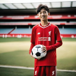 A teenage Japanese boy wearing a Liverpool FC soccer kit