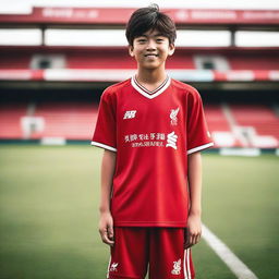 A teenage Japanese boy wearing a Liverpool FC soccer kit