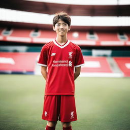 A teenage Japanese boy wearing a Liverpool FC soccer kit