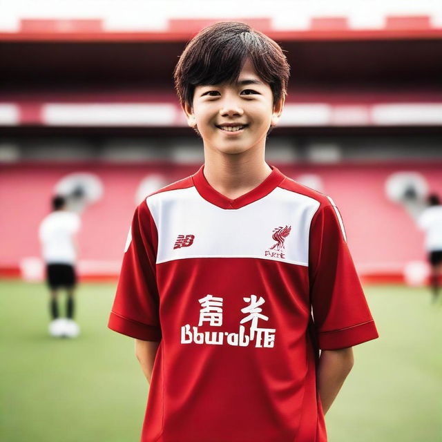 A teenage Japanese boy wearing a Liverpool FC soccer kit