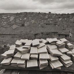 An old village rooftop densely layered with a hundred open books, their pages rhythmically flipping in the wind.