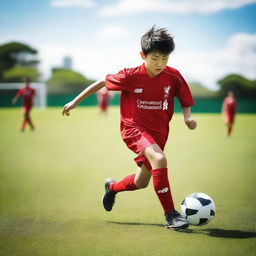 A teenage Japanese boy playing soccer on a field, wearing a Liverpool FC soccer kit