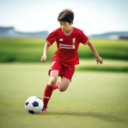 A teenage Japanese boy playing soccer on a field, wearing a Liverpool FC soccer kit