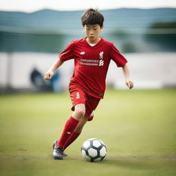 A teenage Japanese boy playing soccer on a field, wearing a Liverpool FC soccer kit