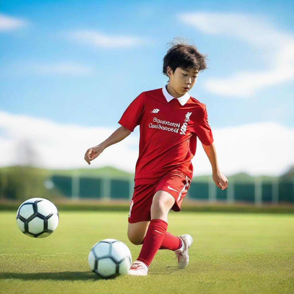 A teenage Japanese boy playing soccer on a field, wearing a Liverpool FC soccer kit