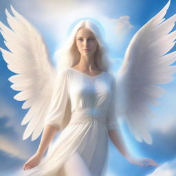 An ethereal angel with four wings, flowing white hair, and bright blue eyes