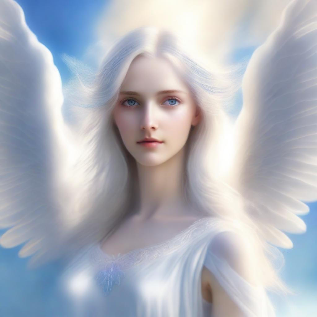 An ethereal angel with four wings, flowing white hair, and bright blue eyes