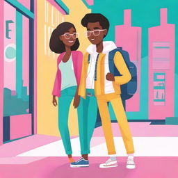 Create a book cover illustration featuring Luna Harper, a young interior designer dressed in modern and casual attire, and Elijah, a travel photographer with a camera or backpack