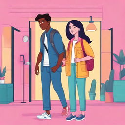 Create a book cover illustration featuring Luna Harper, a young interior designer dressed in modern and casual attire, and Elijah, a travel photographer with a camera or backpack