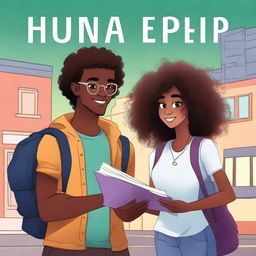 Create a book cover illustration featuring Luna Harper, a young interior designer with dark brown skin and voluminous curly hair, dressed in modern and casual attire, and Elijah, a travel photographer with olive skin and a camera or backpack