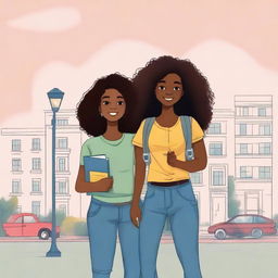 Create a book cover illustration featuring Luna Harper, a young interior designer with dark brown skin and voluminous curly hair, dressed in modern and casual attire, and Elijah, a travel photographer with olive skin and a camera or backpack