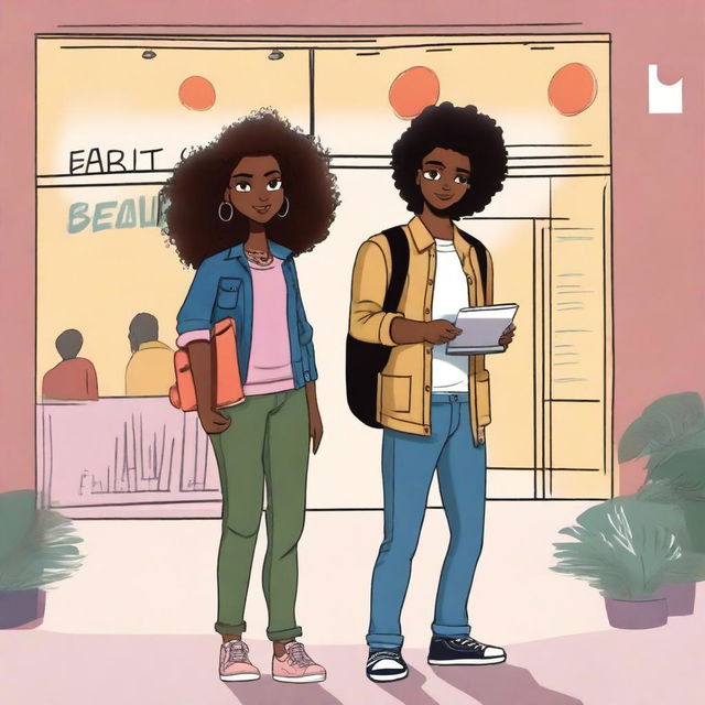 Create a book cover illustration featuring Luna Harper, a young interior designer with dark brown skin and voluminous curly hair, dressed in modern and casual attire, and Elijah, a travel photographer with olive skin and a camera or backpack