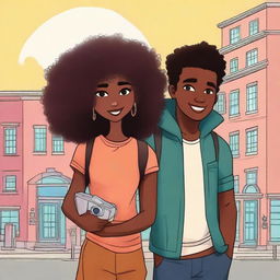 Create a book cover illustration featuring Luna Harper, a young interior designer with dark brown skin and voluminous curly hair, dressed in modern and casual attire, and Elijah, a travel photographer with olive skin and a camera or backpack