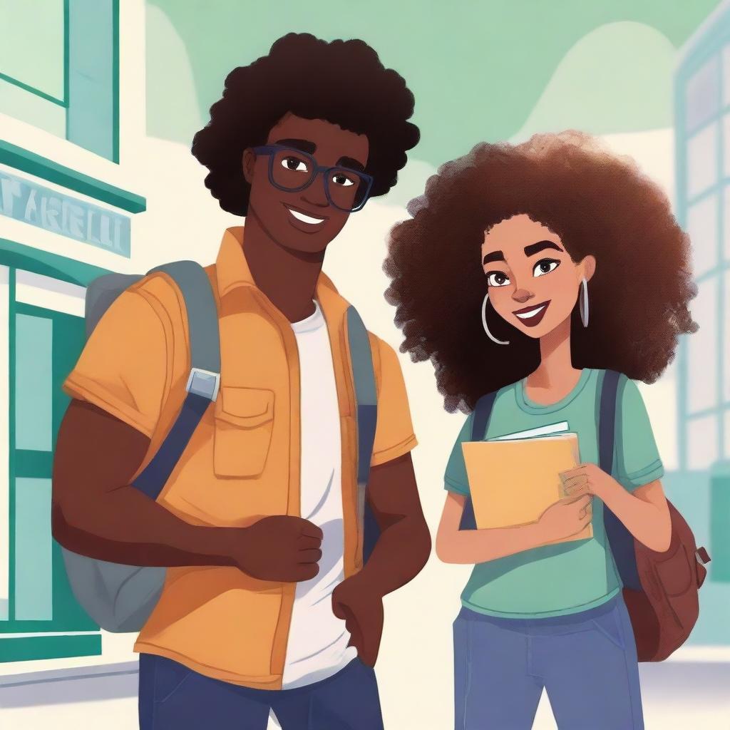 Create a book cover illustration featuring Luna Harper, a young interior designer with dark brown skin and voluminous curly hair, dressed in modern and casual attire, and Elijah, a travel photographer with light skin and a camera or backpack