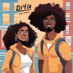 Create a book cover illustration featuring Luna Harper, a young interior designer with dark brown skin and voluminous curly hair, dressed in modern and casual attire, and Elijah, a travel photographer with light skin and a camera or backpack