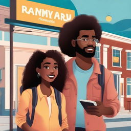 Create a book cover illustration featuring Luna Harper, a young interior designer with dark brown skin and voluminous curly hair, dressed in modern and casual attire, and Elijah, a travel photographer with light skin and a camera or backpack