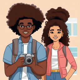 Create a book cover illustration featuring Luna Harper, a young interior designer with dark brown skin and voluminous curly hair, dressed in modern and casual attire, and Elijah, a travel photographer with light skin and a camera or backpack