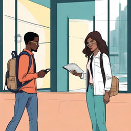 Create a book cover illustration featuring Lyana Harper, a young interior designer dressed in modern and casual attire, and Elijah, a travel photographer with a camera or backpack